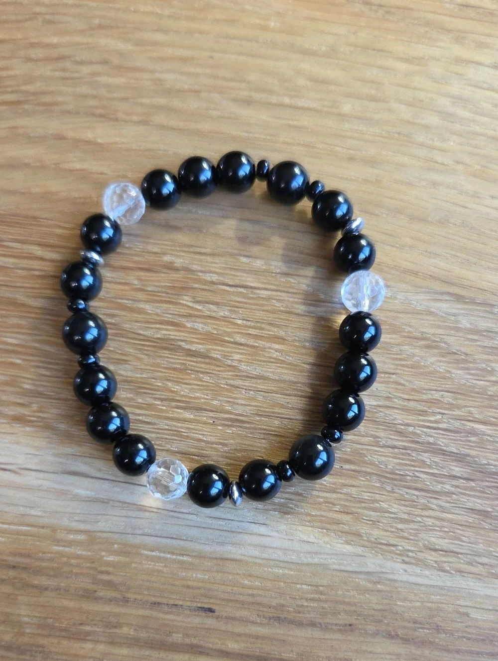 Black Onyx, Rainbow Obsidian & Clear Quartz Beaded Stretch Bracelet | Handmade
